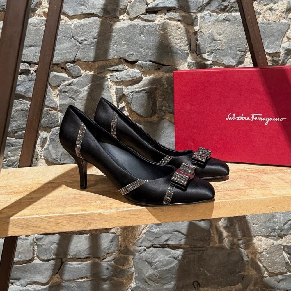 Salvatore Ferragamo Black Satin Crystal Embellished Pumps - Picture 1 of 12